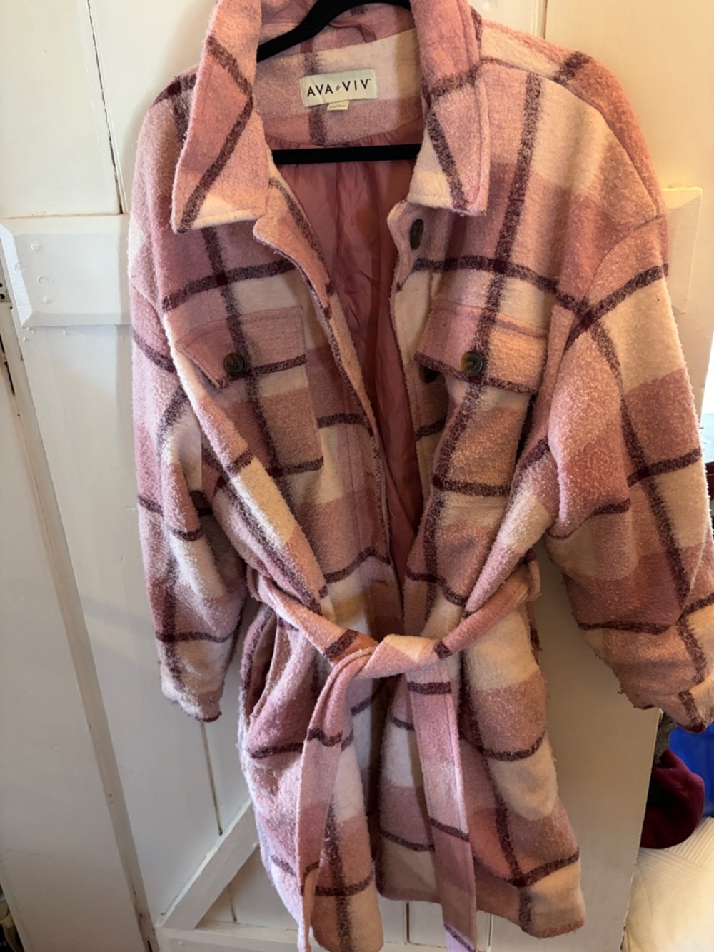 Ava & Viv Pink Plaid Belted Trench Coat